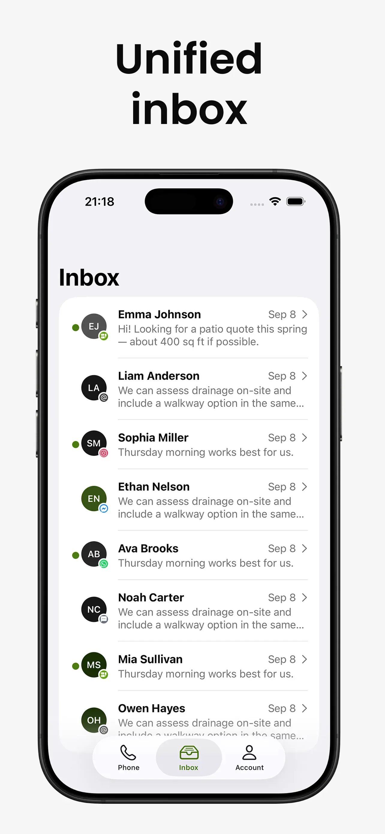 Hi5 unified inbox showing texts, DMs, email, and web forms in one place